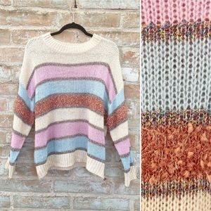 Vintage Slouchy Sweater 90s Striped Pastel Lurex Drop Shoulder Knit Pullover